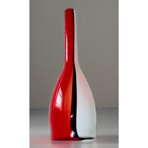 Vase Murano Style Cased Art Glass Long Neck White Red Orange Black Vtg MCM